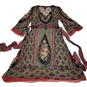 MixIt Flared Sleeve Silk Floral Dress Waist Tie V-Neck Sheer Medium Whimsigoth